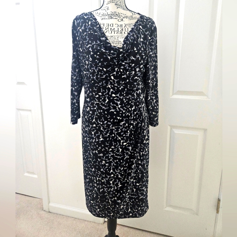 Anne Klein Black, White Grey  V-Neck Ruched Wrap Dress